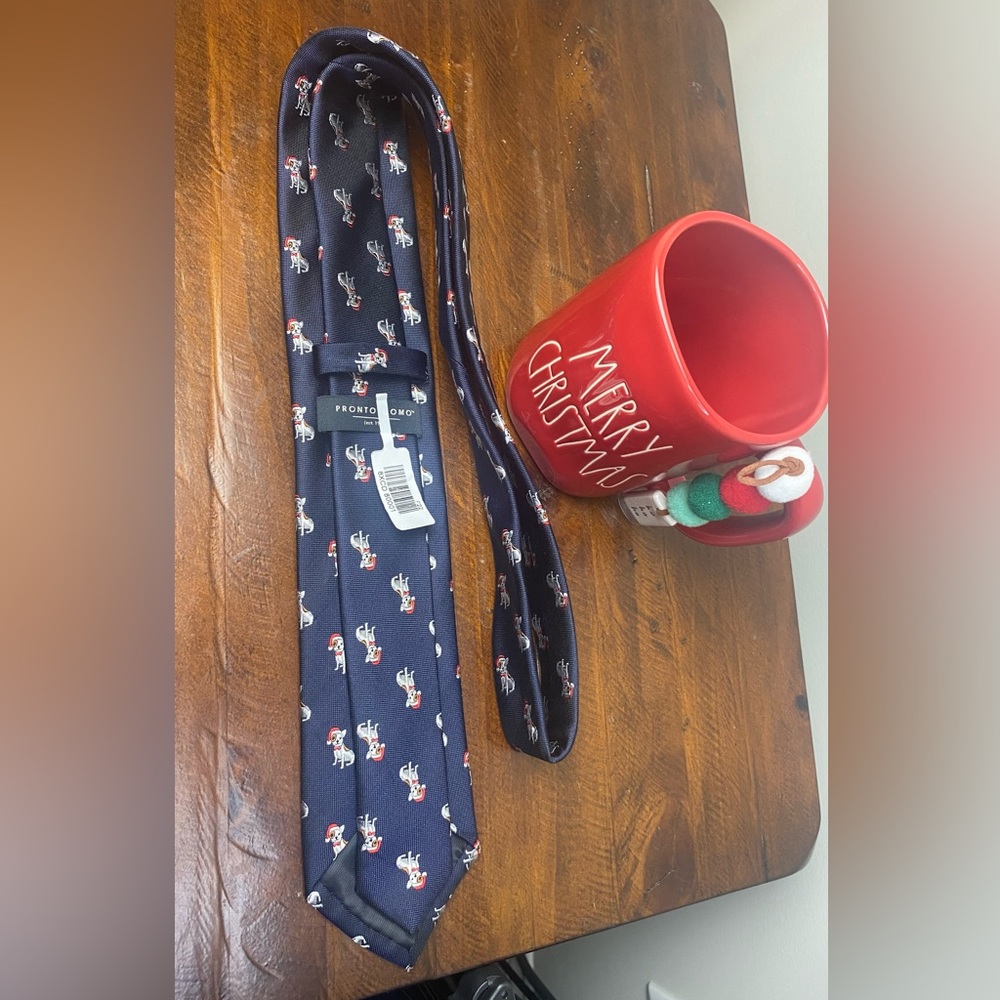Pronto Uomo Men’s Christmas Navy Tie 
Dog in Santa Hat - Picture 5 of 6